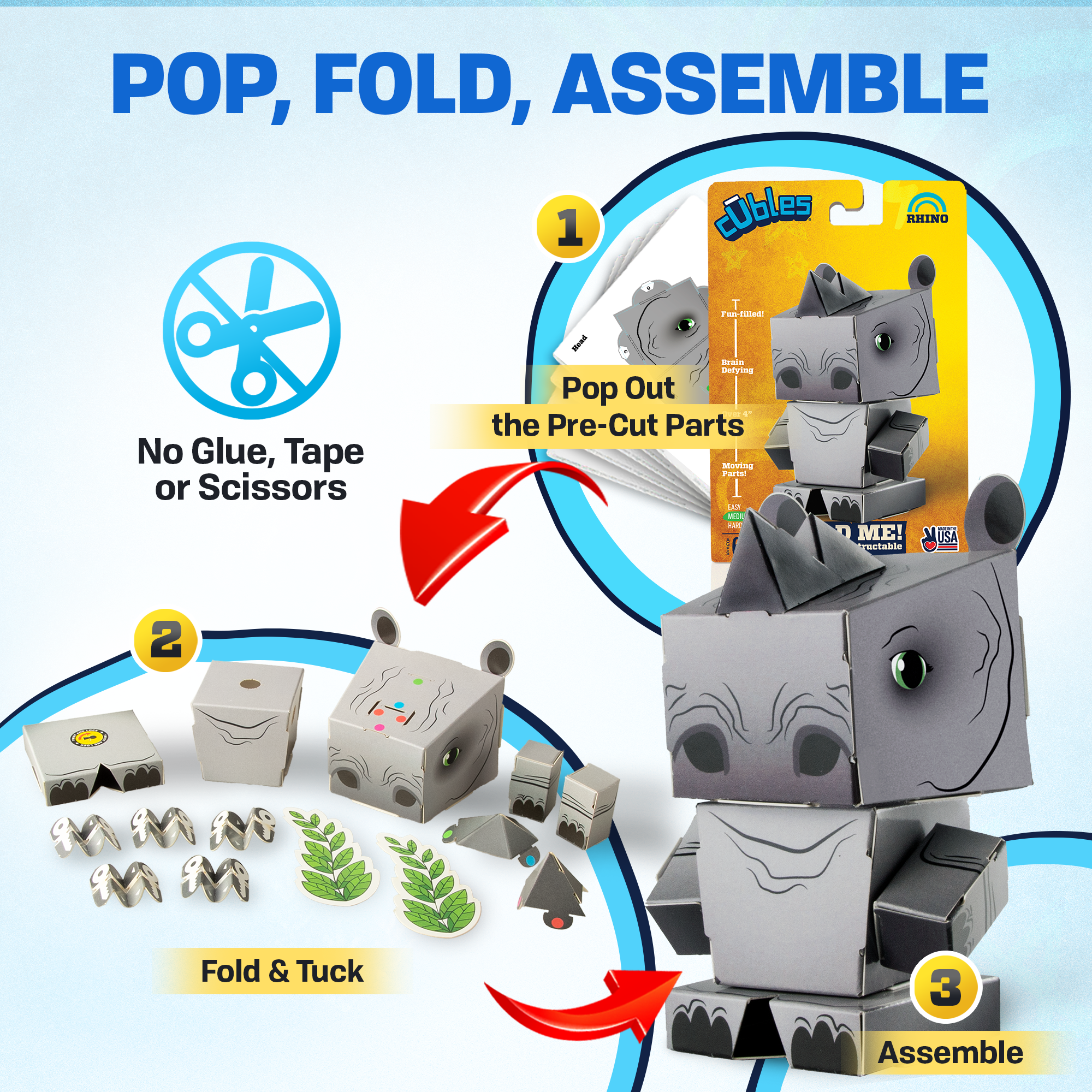 CUBLES Safari Animals - Rhino paper craft kit featuring precision-cut pieces for easy assembly, showcasing a colorful and poseable rhino character.