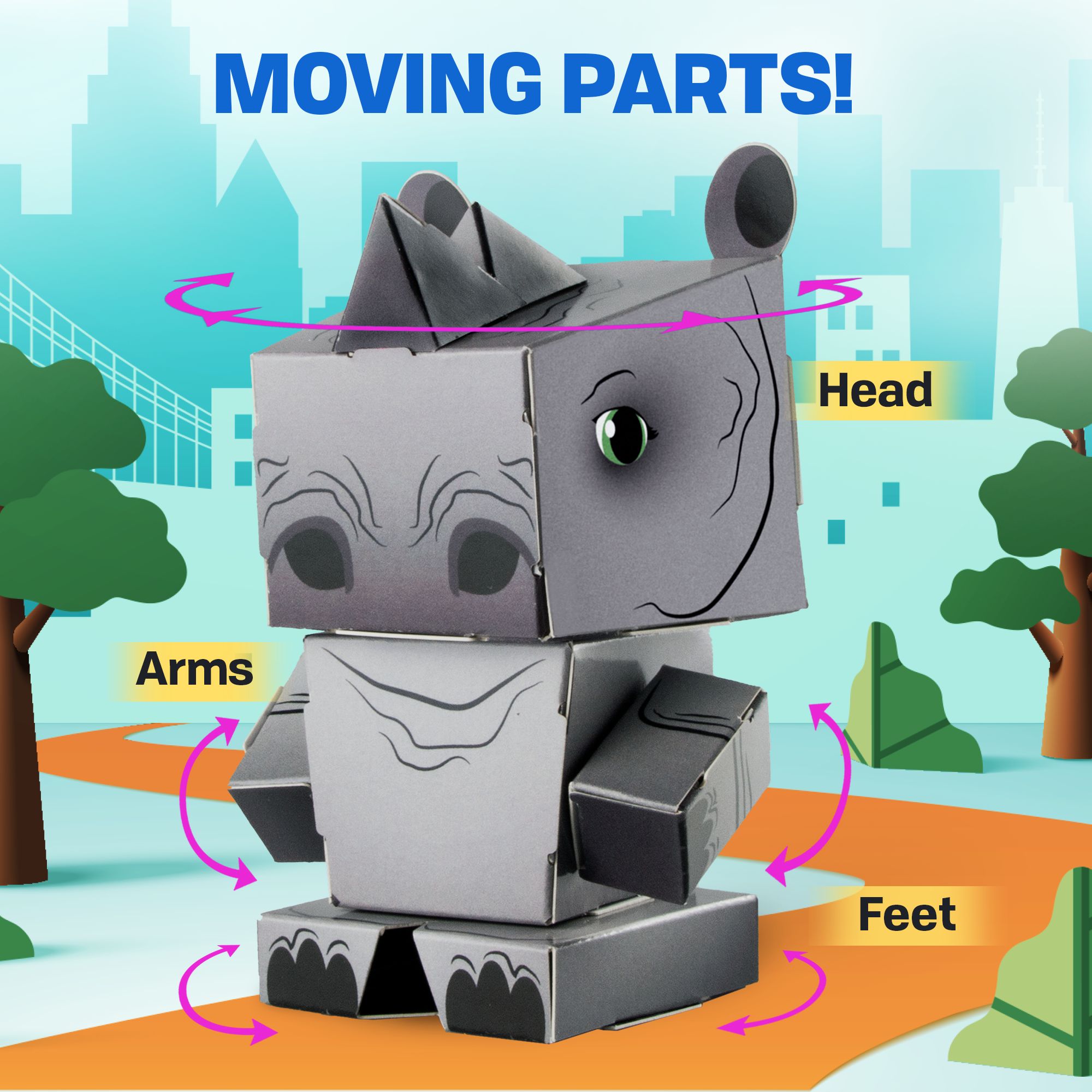 CUBLES Safari Animals - Rhino paper craft kit featuring precision-cut pieces for easy assembly, showcasing a colorful and poseable rhino character.