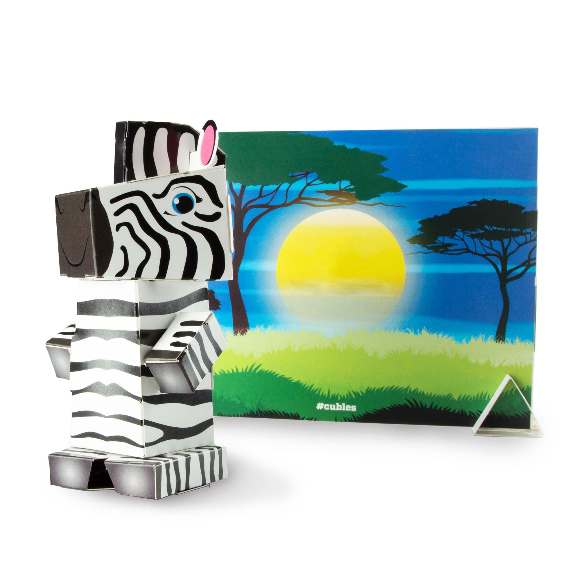 CUBLES Safari Set featuring a Lion, Giraffe, Rhino, and Zebra, crafted from eco-friendly paperboard, showcasing vibrant colors and poseable designs.