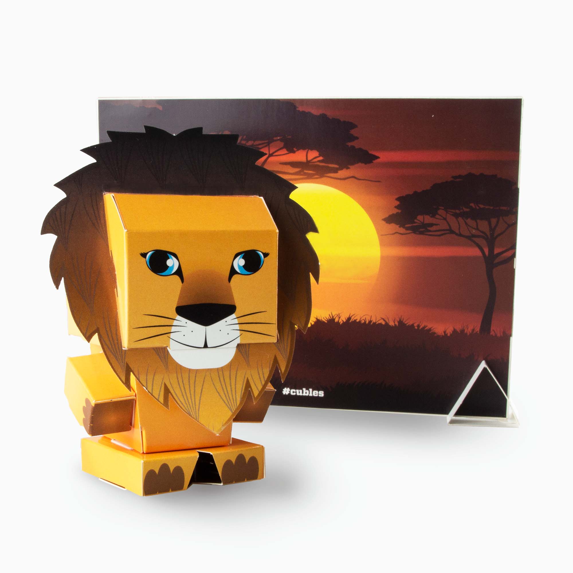 CUBLES Safari Set featuring a Lion, Giraffe, Rhino, and Zebra, crafted from eco-friendly paperboard, showcasing vibrant colors and poseable designs.