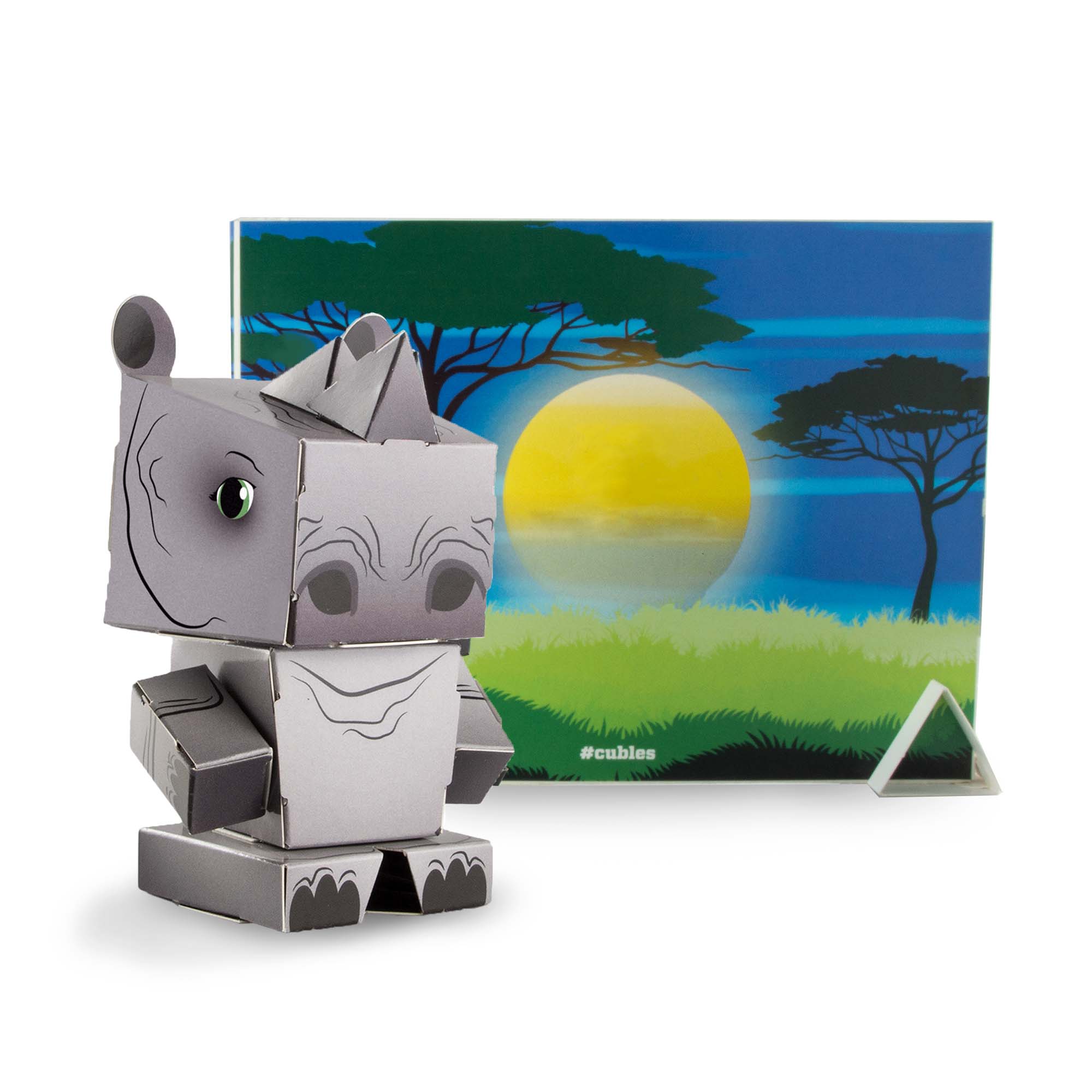 CUBLES Safari Set featuring a Lion, Giraffe, Rhino, and Zebra, crafted from eco-friendly paperboard, showcasing vibrant colors and poseable designs.