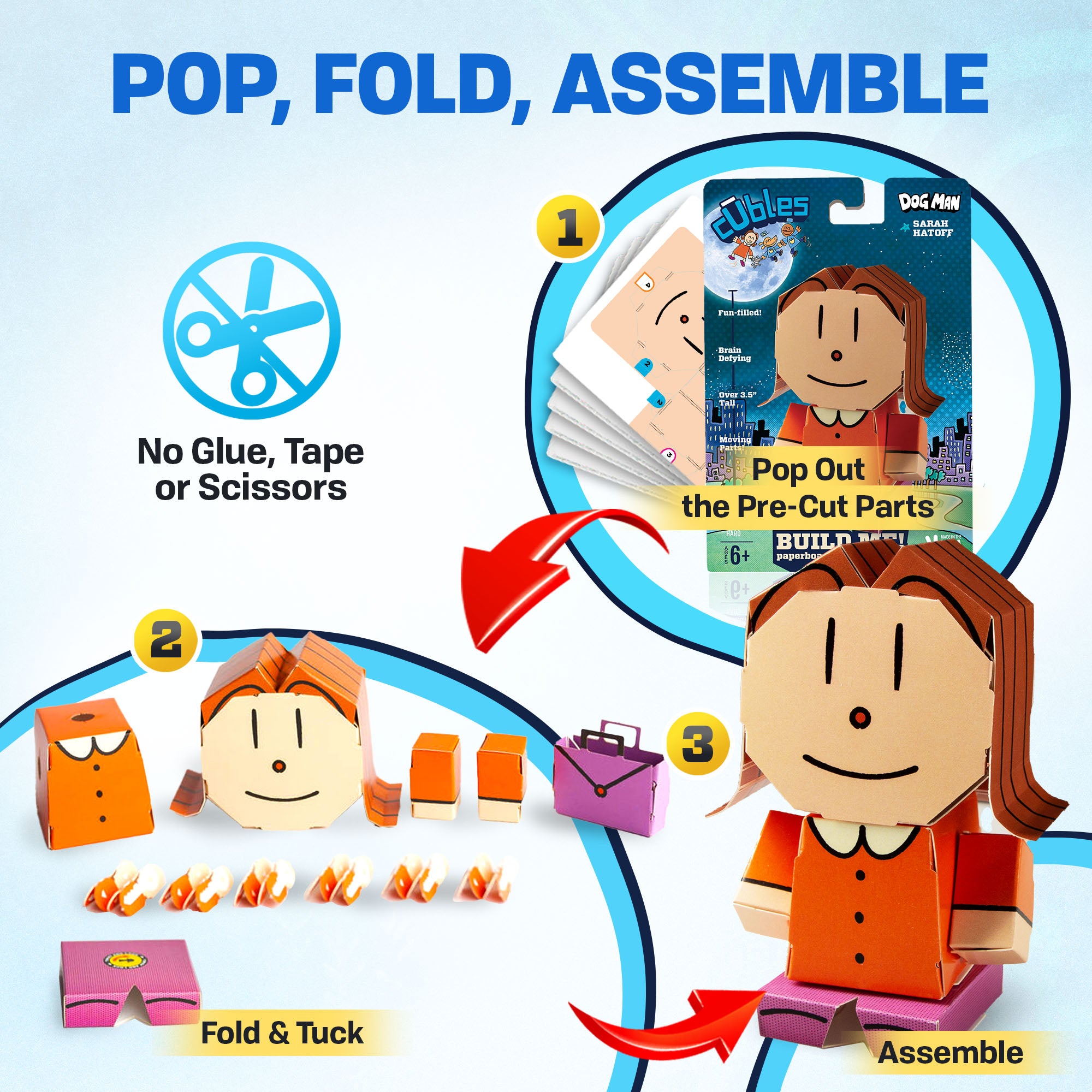 CUBLES Sarah Hatoff paper craft kit featuring poseable character pieces for creative play, designed for children aged 6 and up.