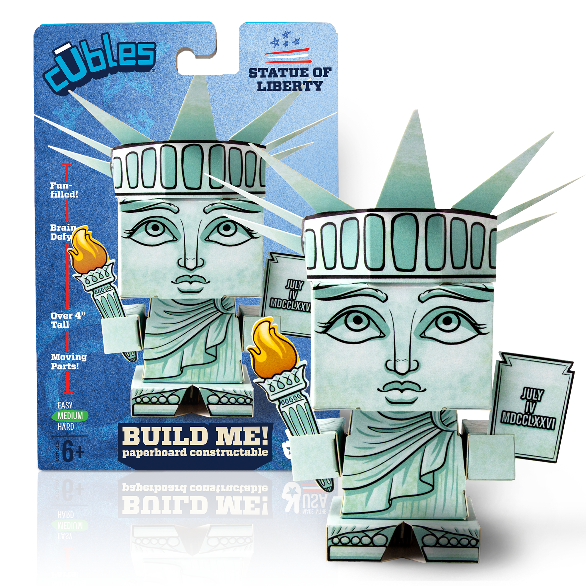 CUBLES Statue of Liberty paper craft kit featuring precision-cut pieces for assembly, designed for children aged 6 and up.