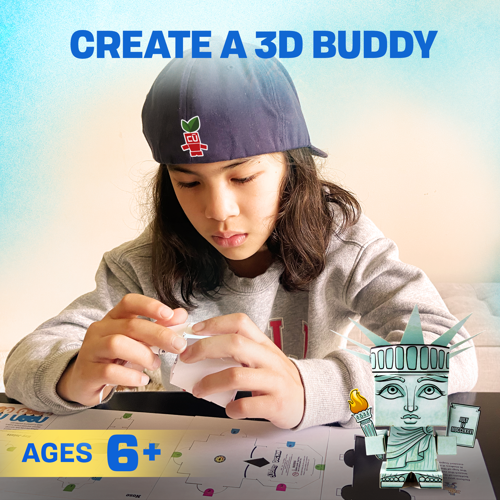 CUBLES Statue of Liberty paper craft kit featuring precision-cut pieces for assembly, designed for children aged 6 and up.