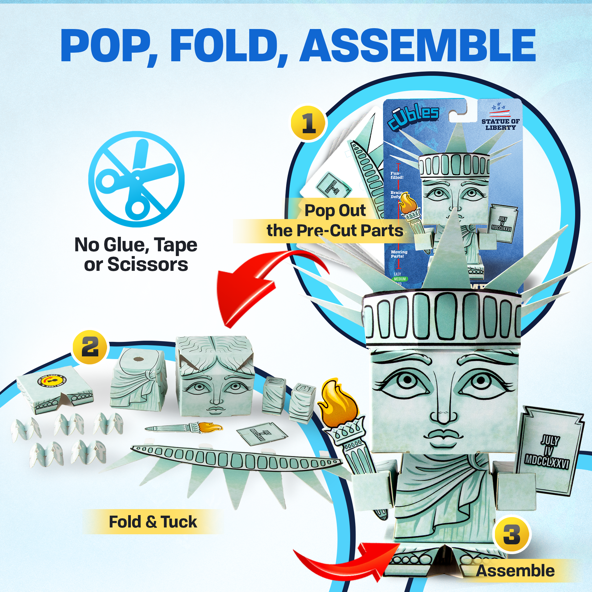 CUBLES Statue of Liberty paper craft kit featuring precision-cut pieces for assembly, designed for children aged 6 and up.