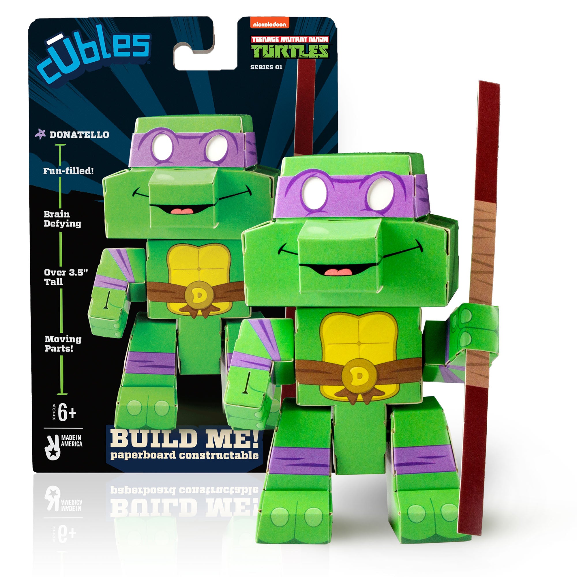 CUBLES Teenage Mutant Ninja Turtles Donatello paper craft kit featuring precision-cut pieces for assembly, showcasing vibrant colors and character details.