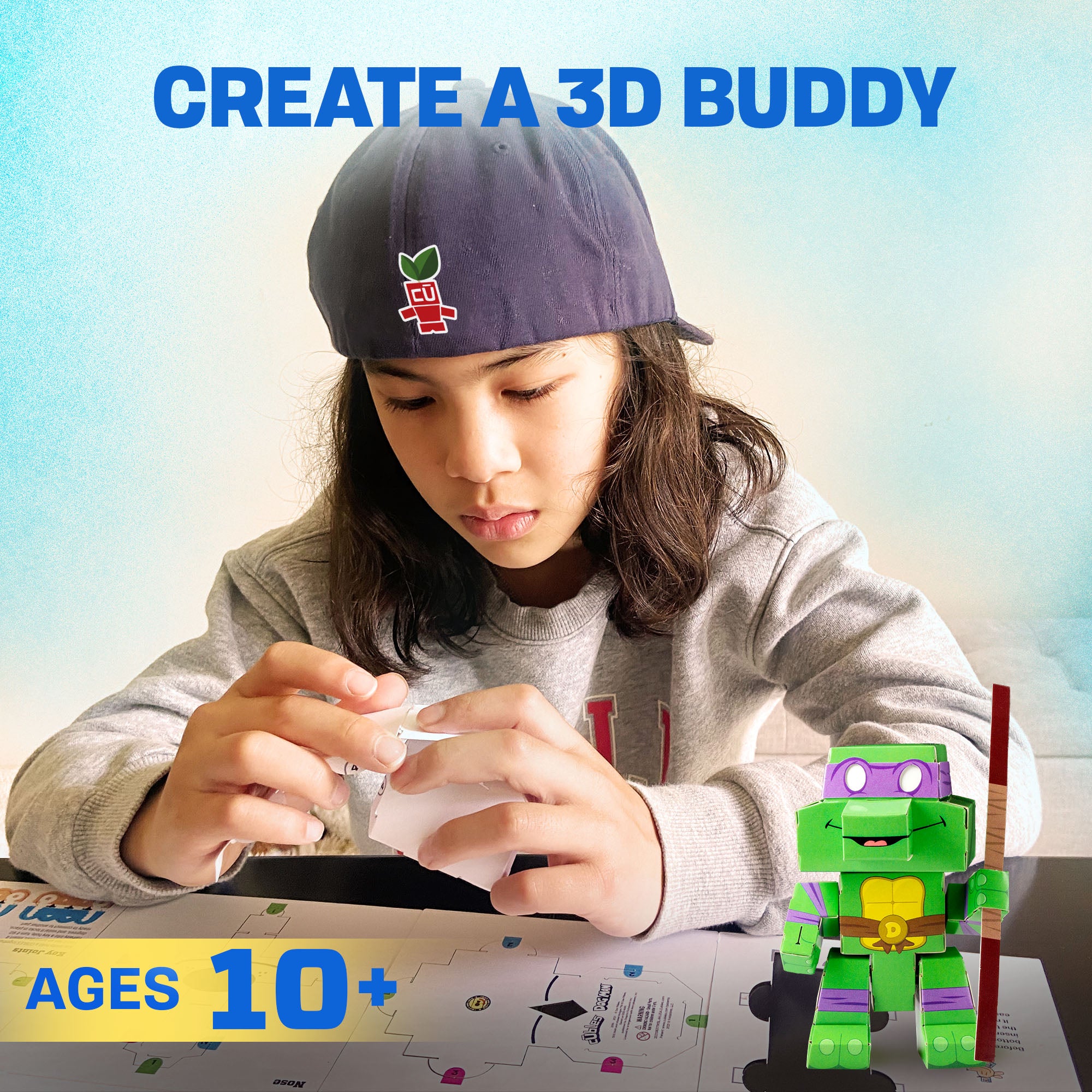 CUBLES Teenage Mutant Ninja Turtles Donatello paper craft kit featuring precision-cut pieces for assembly, showcasing vibrant colors and character details.