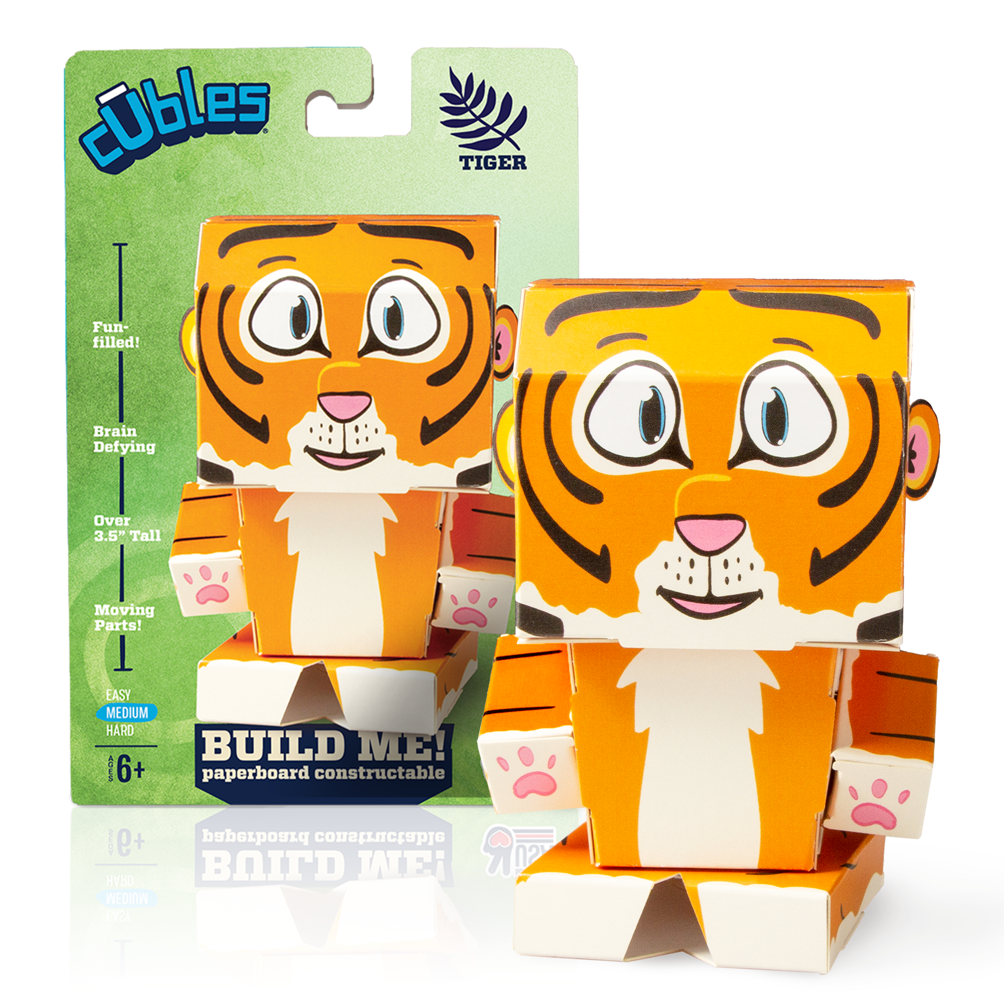CUBLES Tiger paper craft kit featuring poseable character pieces in vibrant colors, designed for children aged 6 and up.