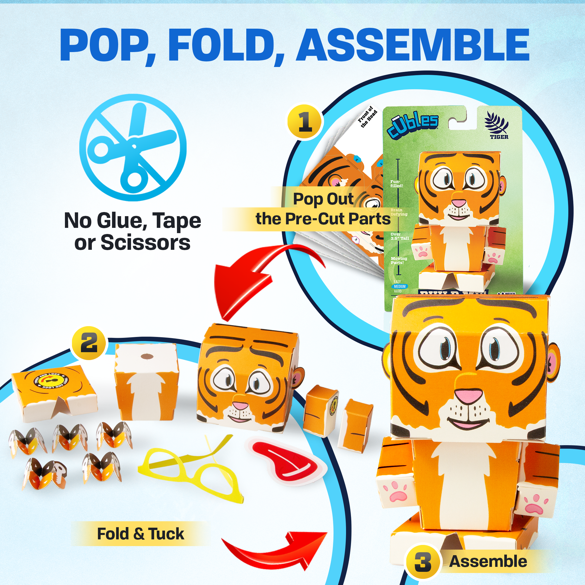 CUBLES Tiger paper craft kit featuring poseable character pieces in vibrant colors, designed for children aged 6 and up.