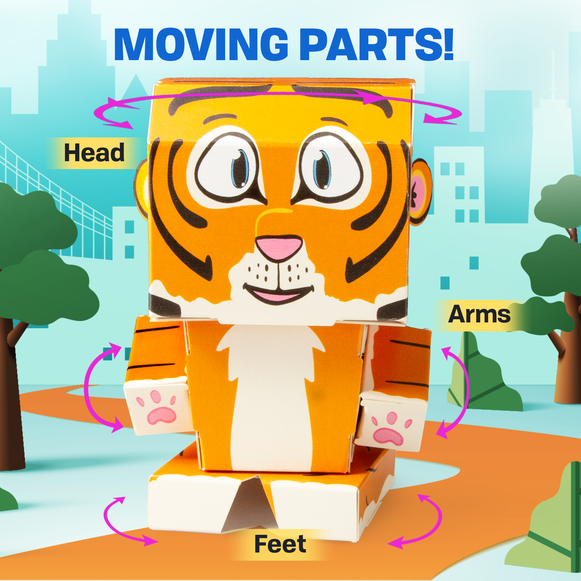 CUBLES Tiger paper craft kit featuring poseable character pieces in vibrant colors, designed for children aged 6 and up.