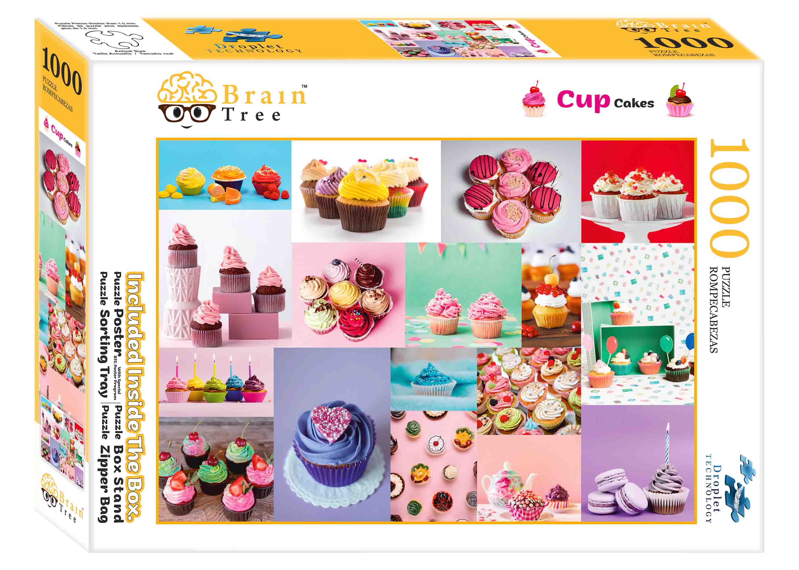 A colorful assortment of cupcake-themed jigsaw puzzle pieces, showcasing various cupcake designs and vibrant colors.