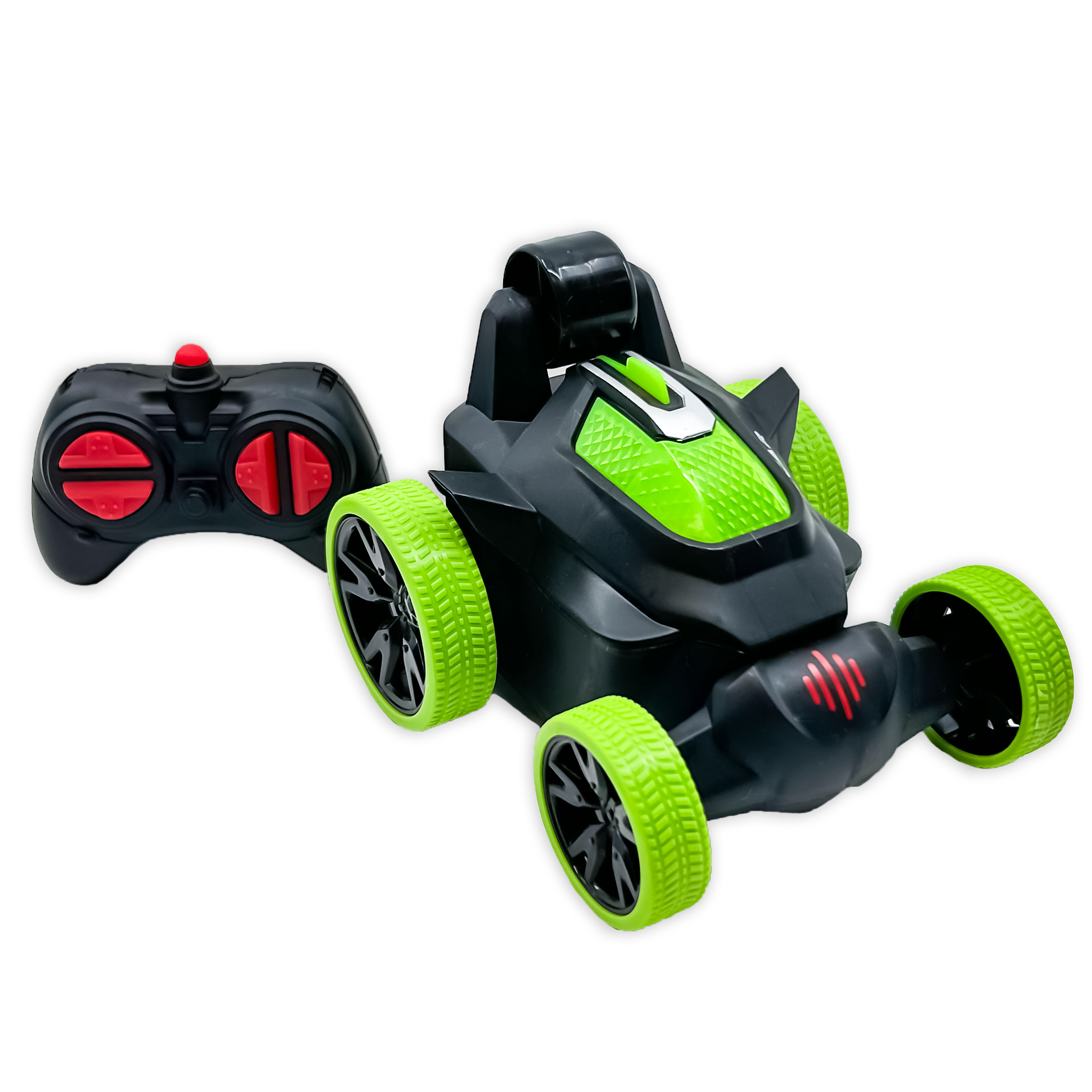 Cyclone 360° RC Stunt Car in vibrant green and red colors with LED lights, showcasing its compact design and spinning front axle.