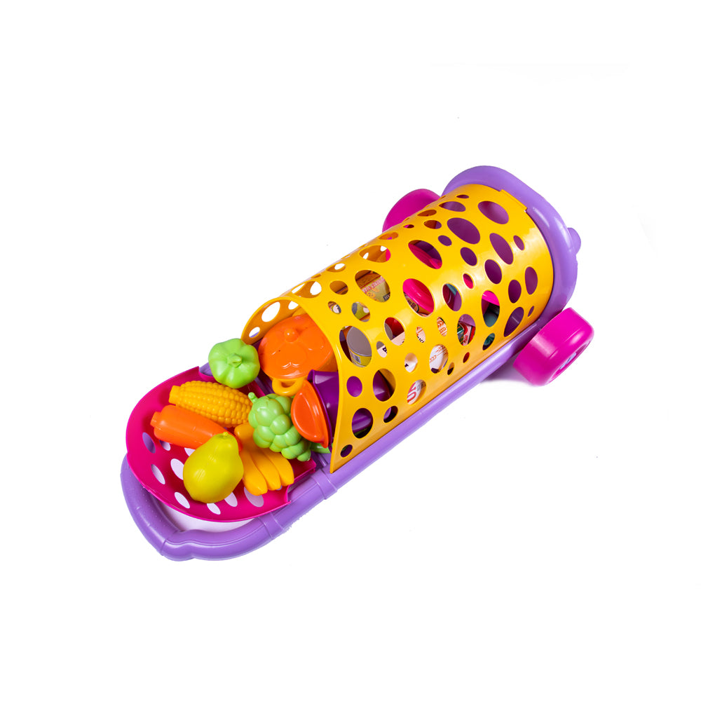 Bunter Dede Spielzeug Einkaufstrolley mit 22 Teilen, inklusive Obst, Gemüse und Küchenutensilien für Kinder ab 3 Jahren.