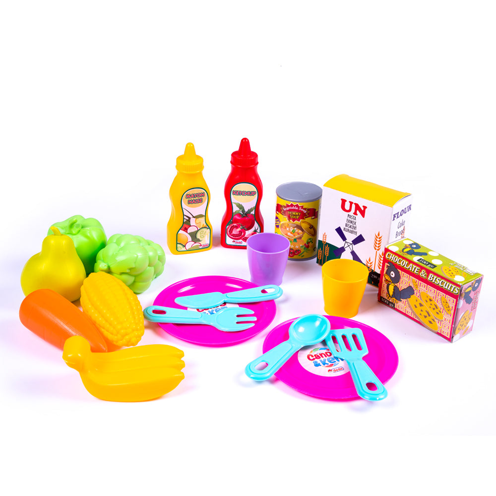 Bunter Dede Spielzeug Einkaufstrolley mit 22 Teilen, inklusive Obst, Gemüse und Küchenutensilien für Kinder ab 3 Jahren.