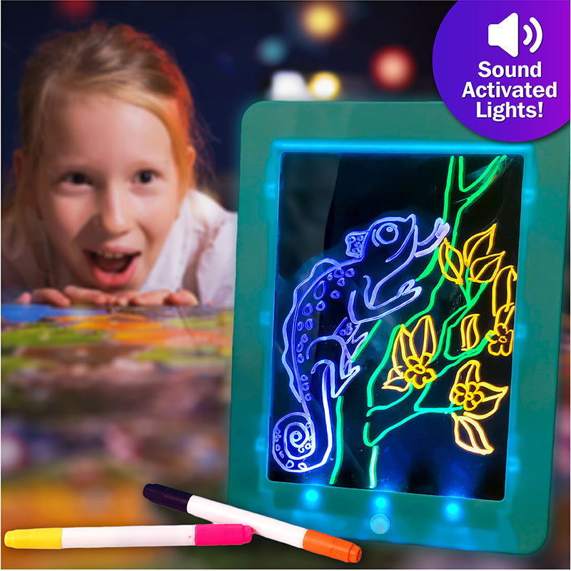 Disco Scribble Light-up Sound Activated Drawing Board with colorful LED lights and drawing accessories.