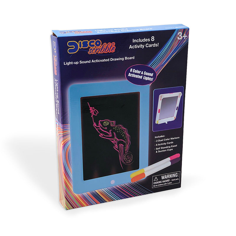 Disco Scribble Light-up Sound Activated Drawing Board with colorful LED lights and drawing accessories.