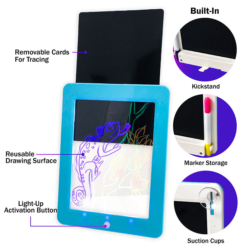 Disco Scribble Light-up Sound Activated Drawing Board with colorful LED lights and drawing accessories.