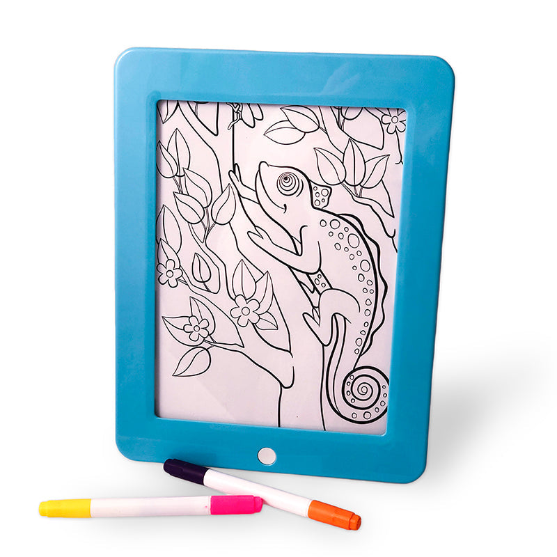 Disco Scribble Light-up Sound Activated Drawing Board with colorful LED lights and drawing accessories.