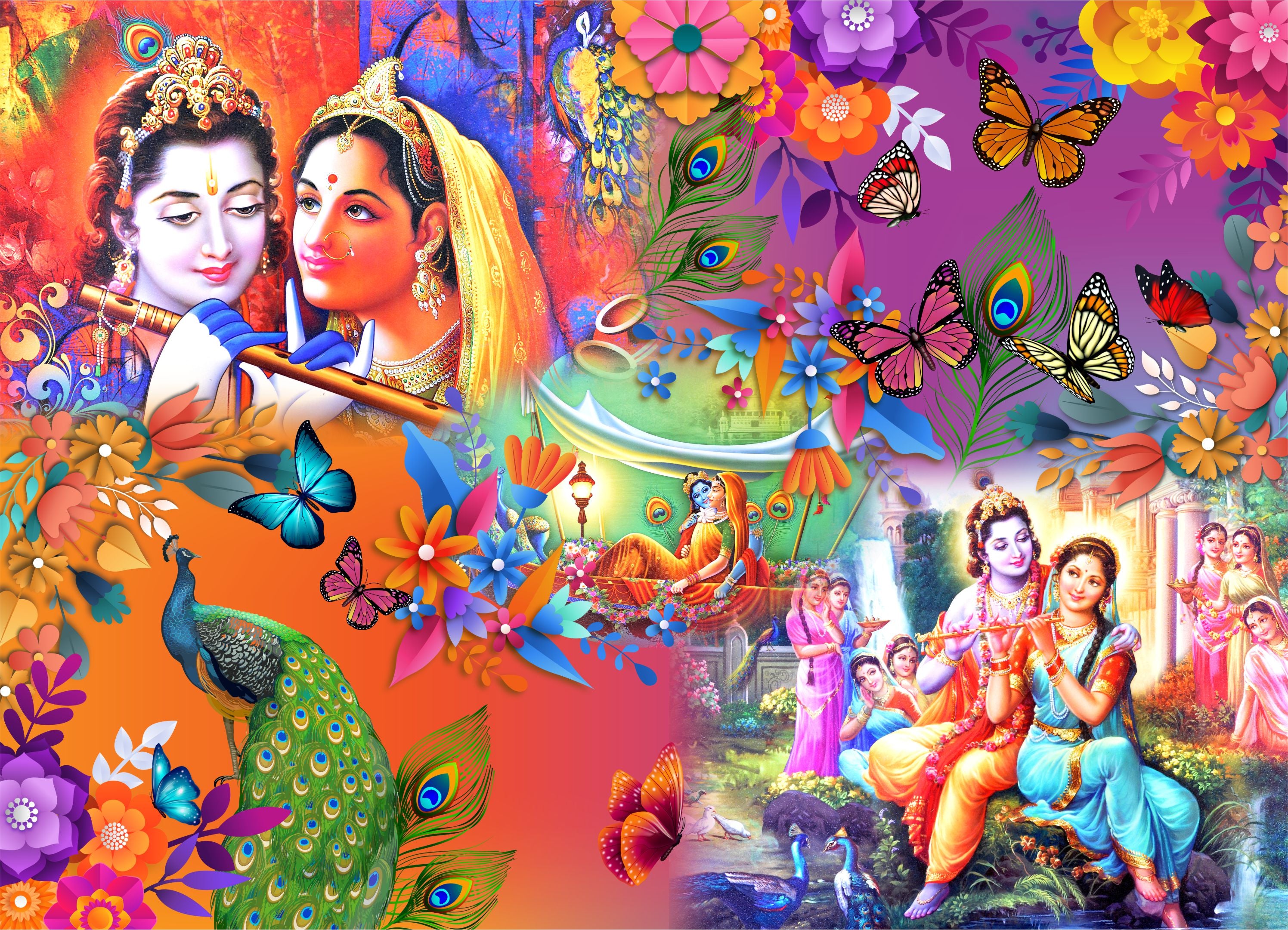 Divine Love Jigsaw Puzzle featuring Lord Krishna and Radha, showcasing vibrant colors and intricate details.
