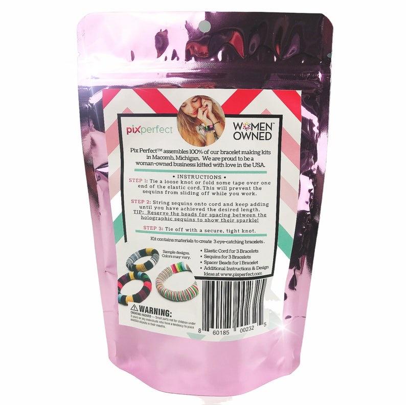 DIY Bracelet Kit - Funfetti Edition featuring colorful holographic sequins, elastic cord, and spacer beads for crafting three unique bracelets.