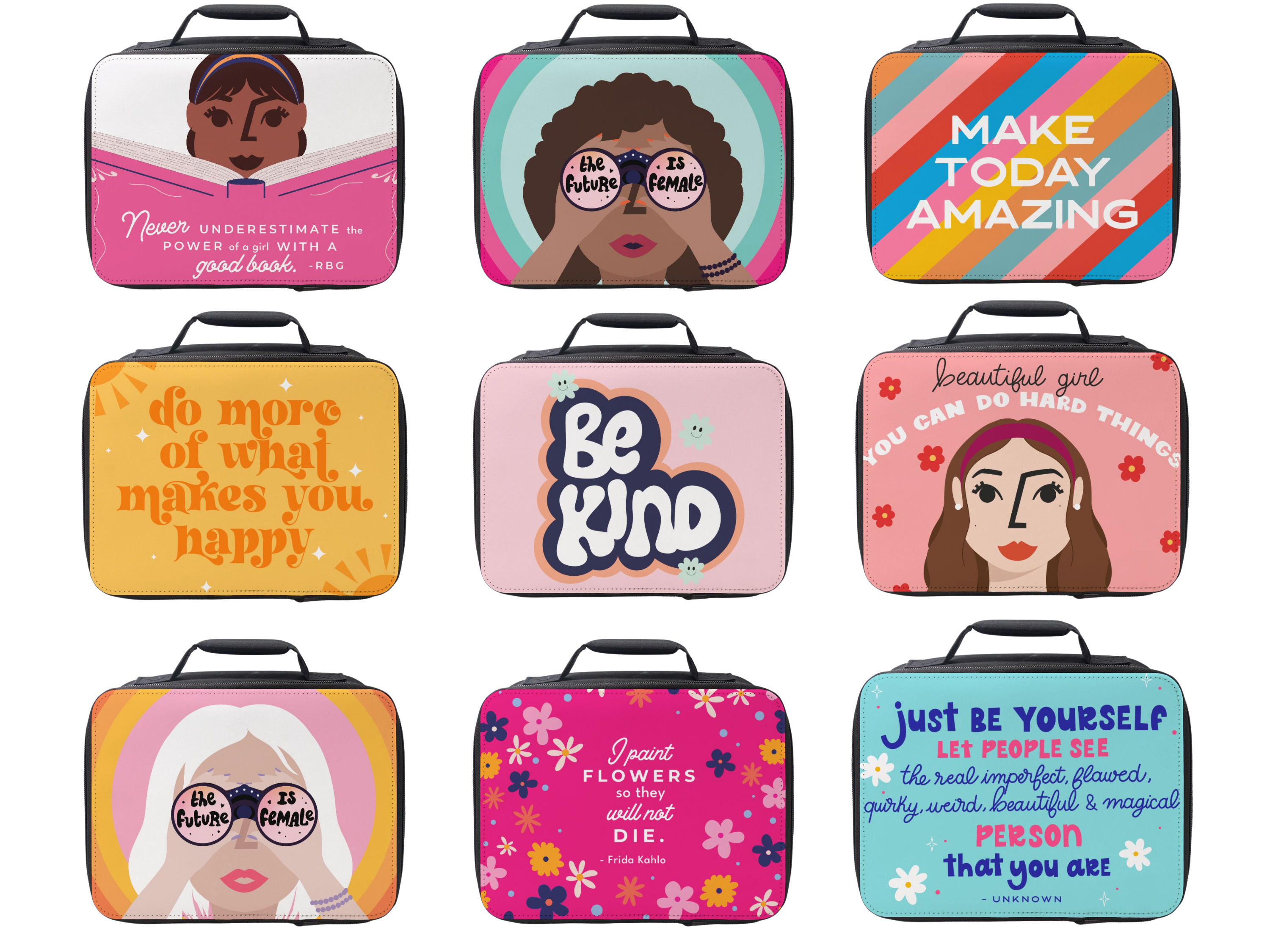 Colorful, motivational-themed lunchboxes collection.
