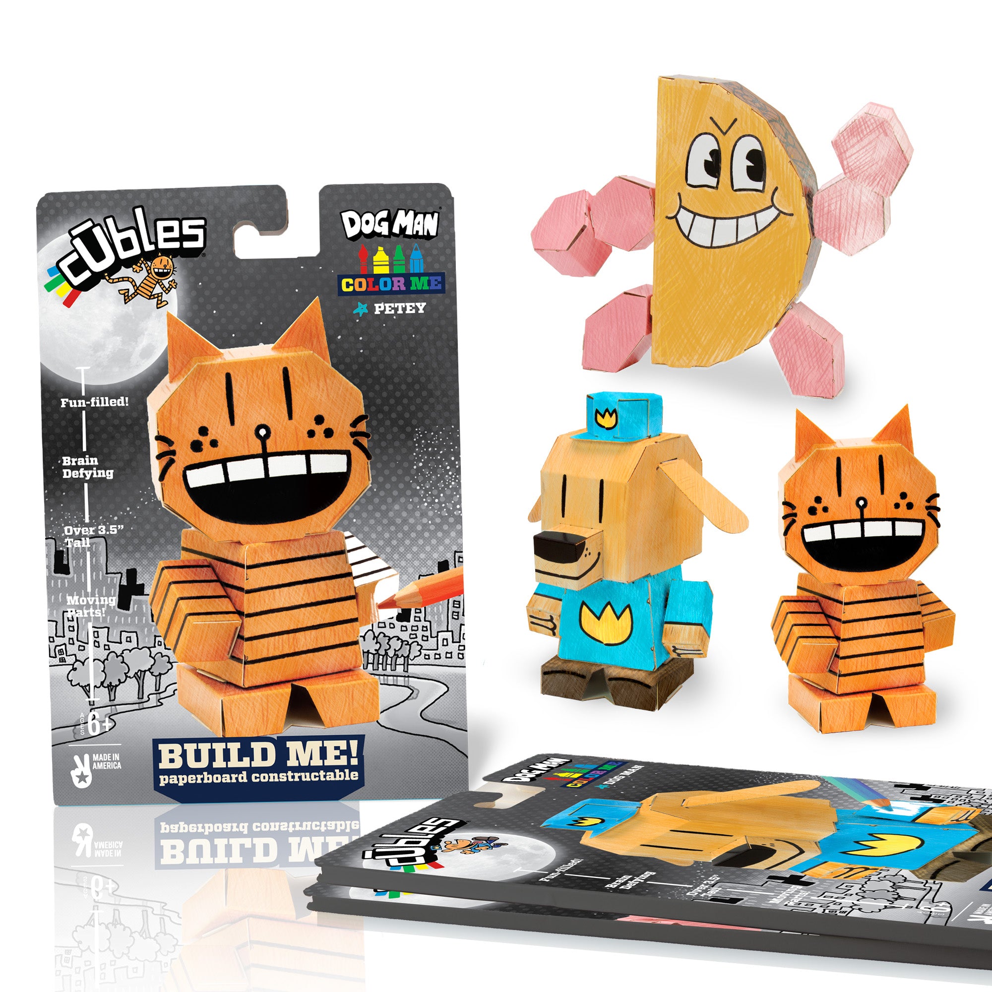 Dog Man Color Me Cubles Set featuring Dog Man, Petey, and Philly character kits for creative crafting.