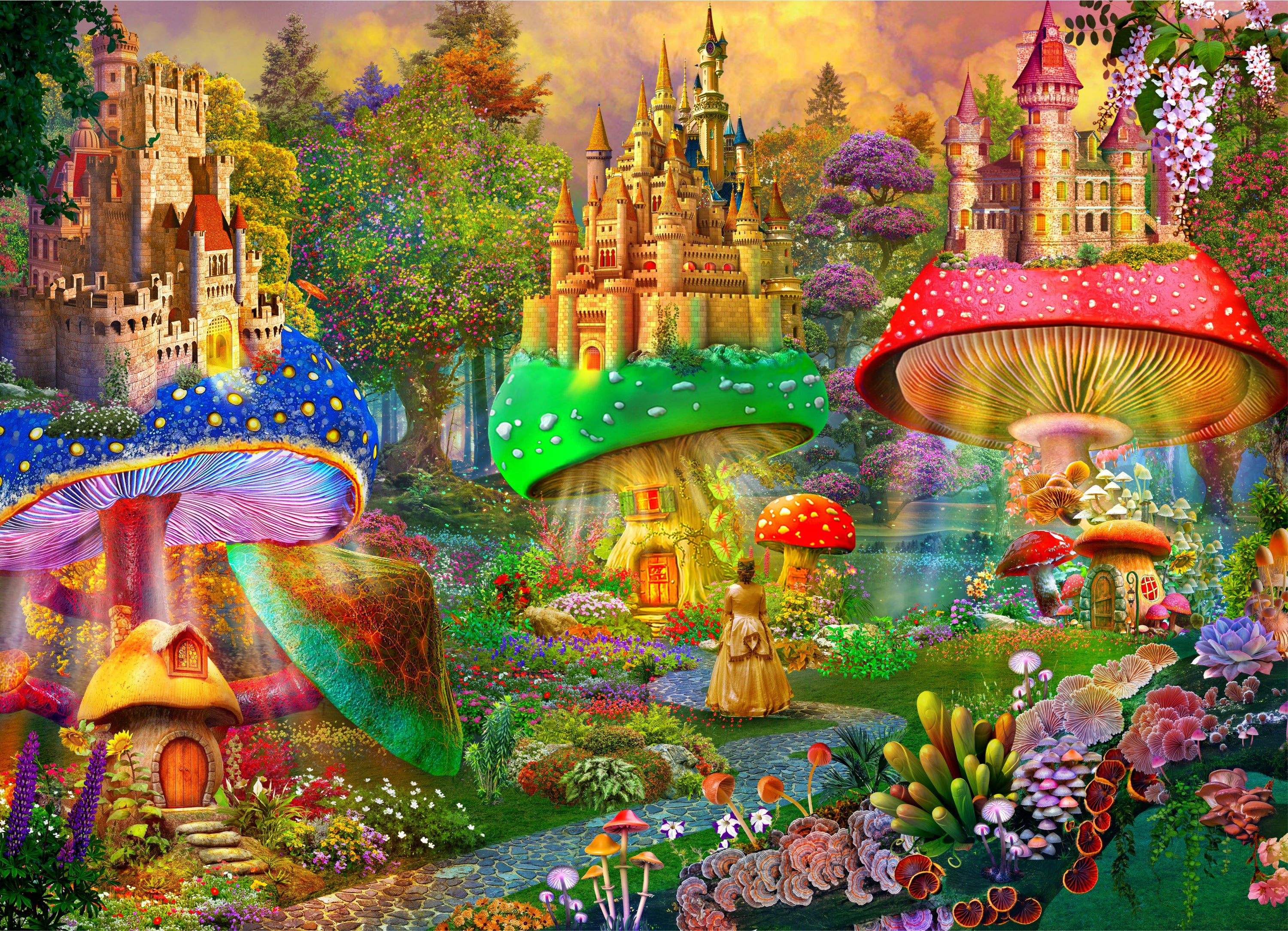Dream Castle Jigsaw Puzzle featuring colorful mushroom houses and whimsical castles, showcasing unique puzzle pieces.