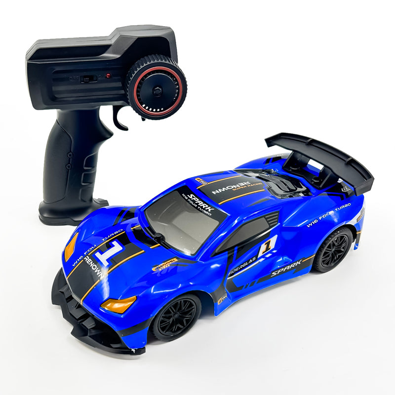 Drift King 1:20 Scale RC Car in blue and red, showcasing headlights and remote control features.