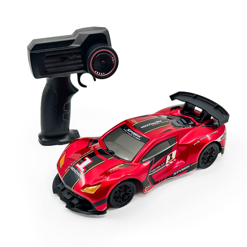 Drift King 1:20 Scale RC Car in blue and red, showcasing headlights and remote control features.