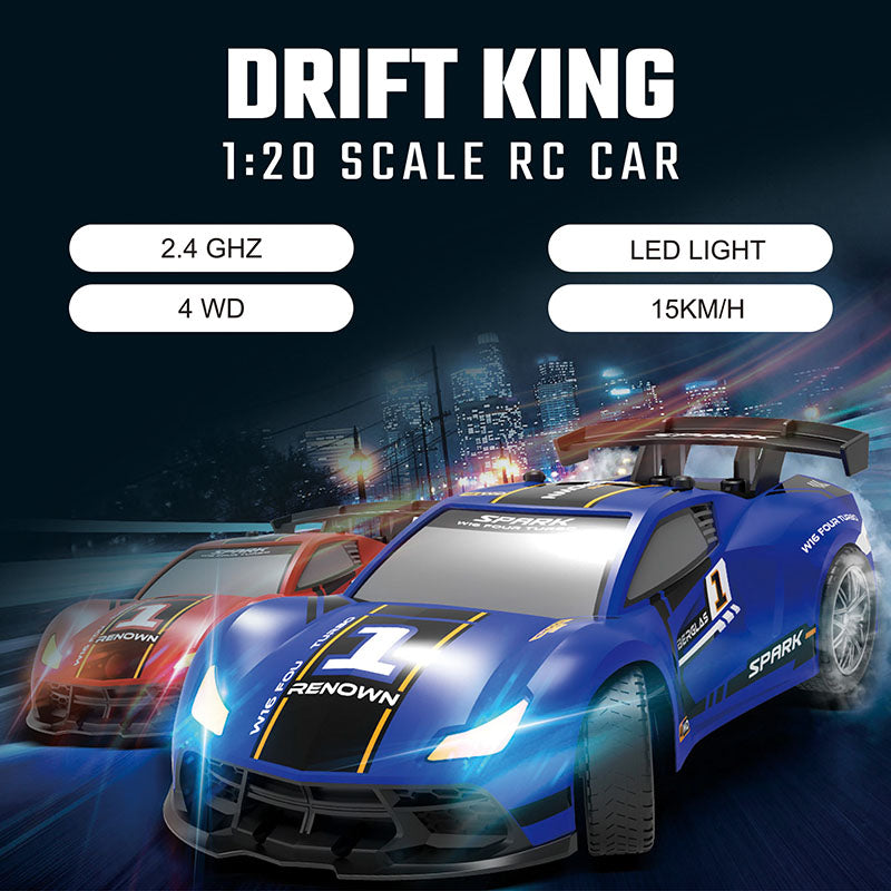 Drift King 1:20 Scale RC Car in blue and red, showcasing headlights and remote control features.