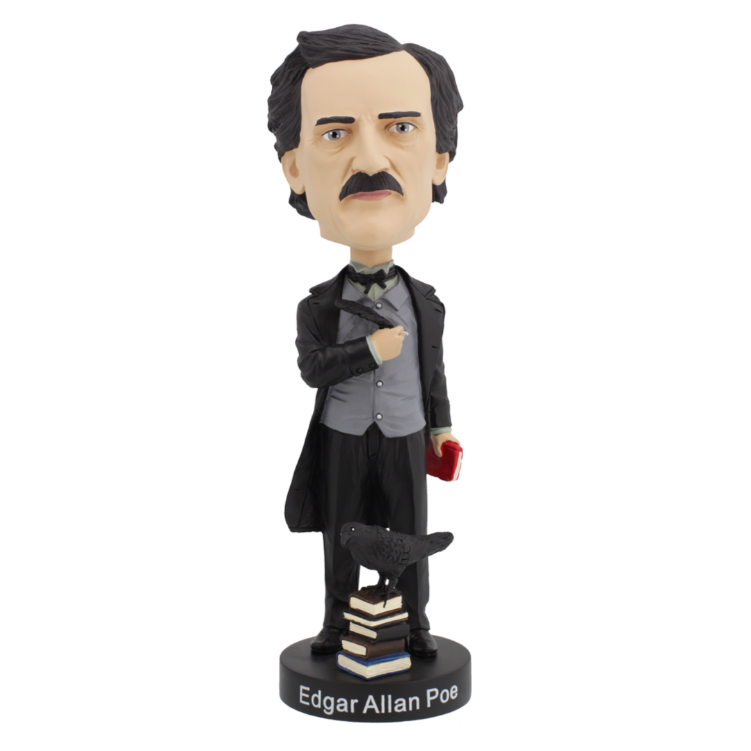 Edgar Allan Poe Bobblehead featuring detailed design and classic attire, perfect for collectors and literature enthusiasts.