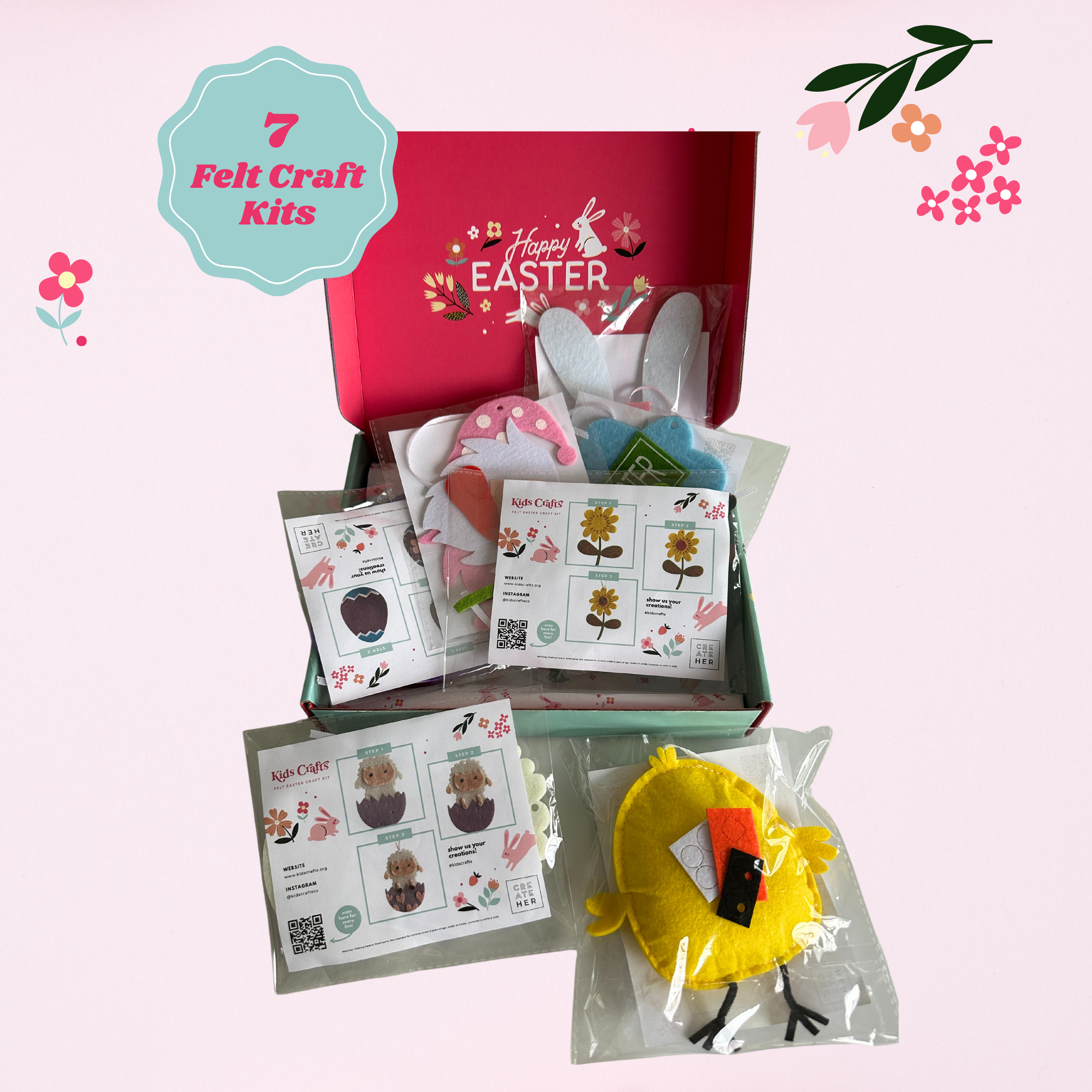 A colorful assortment of felt Easter crafts including bunnies, eggs, and chicks, showcasing vibrant felt stickers and no-sew designs.