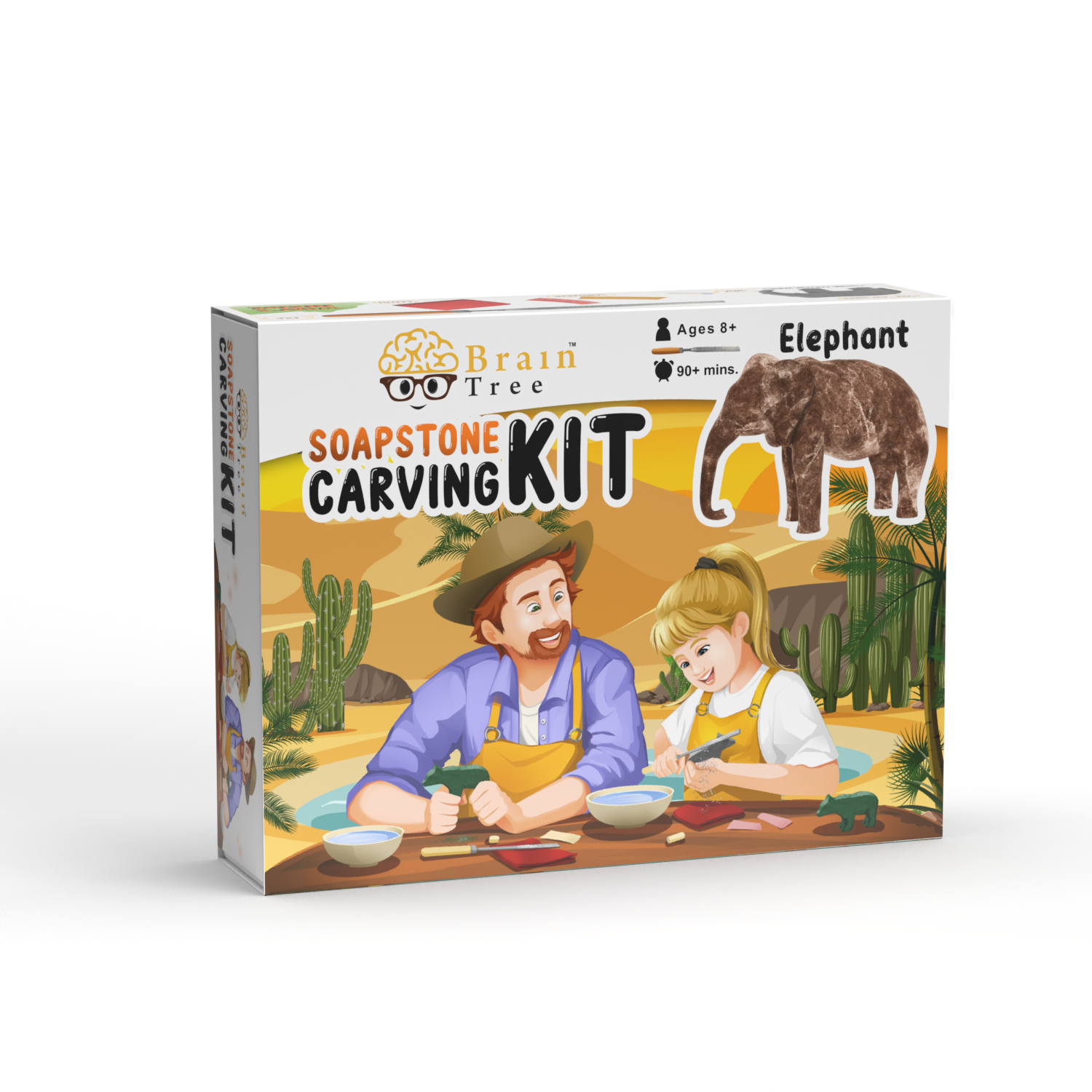 A complete Elephant Soapstone Carving Kit featuring precut soapstone, carving tools, sandpaper, wax, and a manual, ideal for kids and adults.