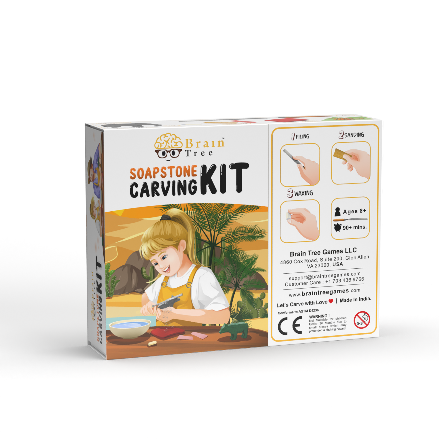 A complete Elephant Soapstone Carving Kit featuring precut soapstone, carving tools, sandpaper, wax, and a manual, ideal for kids and adults.