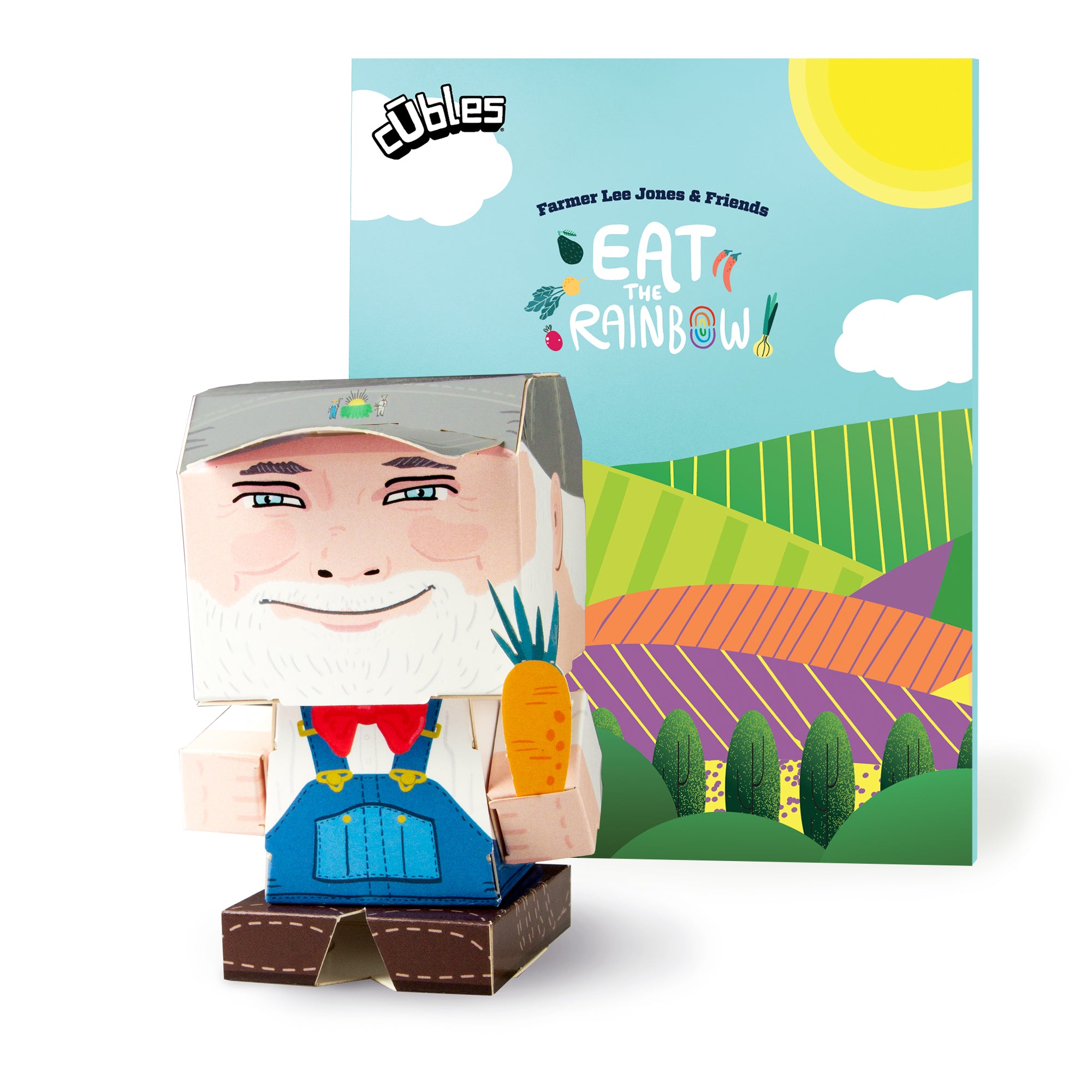 Farmer Lee CUBLES toy kit featuring colorful paper craft pieces for creative play and education about vegetables.