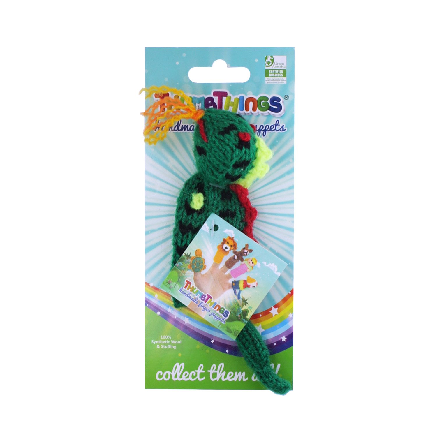 Colorful Fire-Breathing Dragon finger puppet handcrafted from nylon yarn, showcasing unique design and vibrant colors.