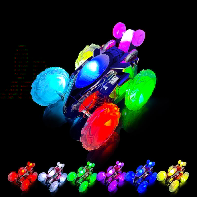 Flipster Chameleon Color Select Stunt Car in vibrant colors with LED lights, showcasing its unique design and features.