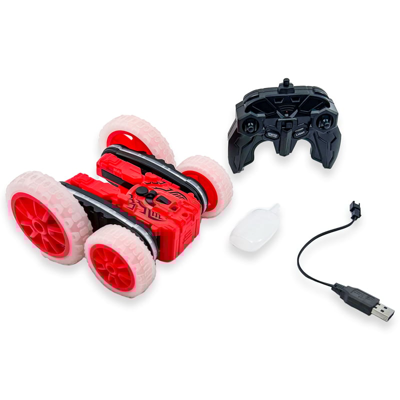 Flipo Mist Master RC Misting Stunt Car in red, showcasing its unique design and misting feature during a stunt performance.