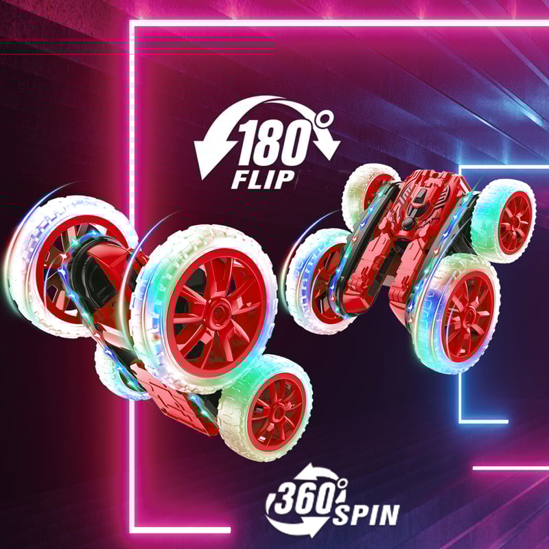 Flipo Mist Master RC Misting Stunt Car in red, showcasing its unique design and misting feature during a stunt performance.