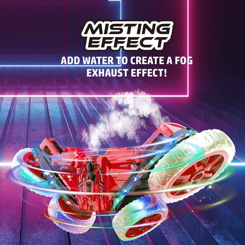 Flipo Mist Master RC Misting Stunt Car in red, showcasing its unique design and misting feature during a stunt performance.