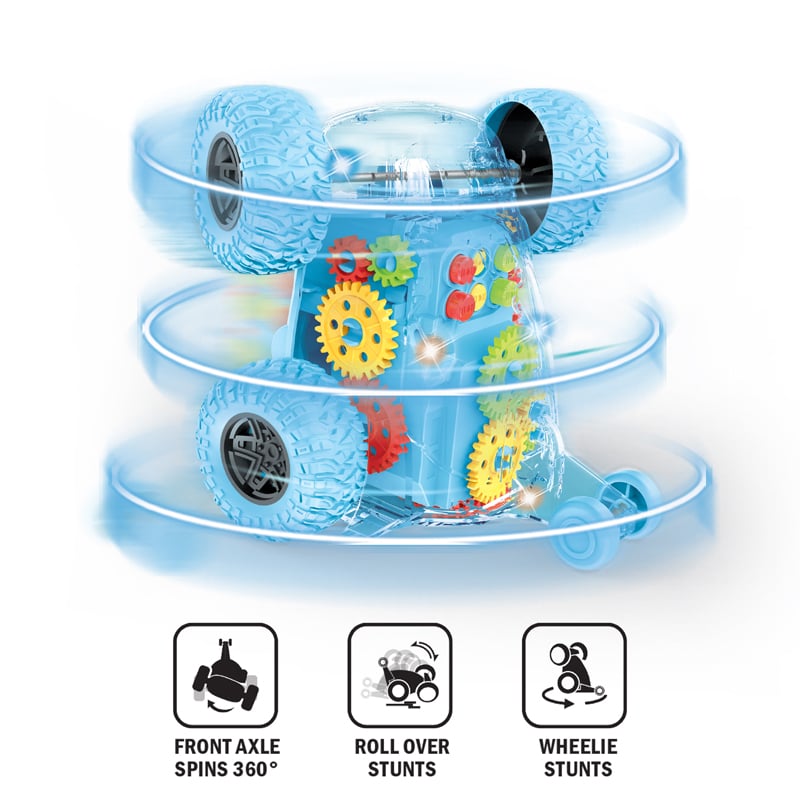 Flipo Spin Gear RC Stunt Car showcasing its clear body, LED lights, and 360° rotating front axle, perfect for performing stunts.