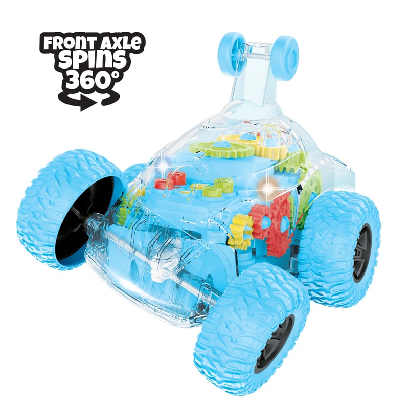 Flipo Spin Gear RC Stunt Car showcasing its clear body, LED lights, and 360° rotating front axle, perfect for performing stunts.