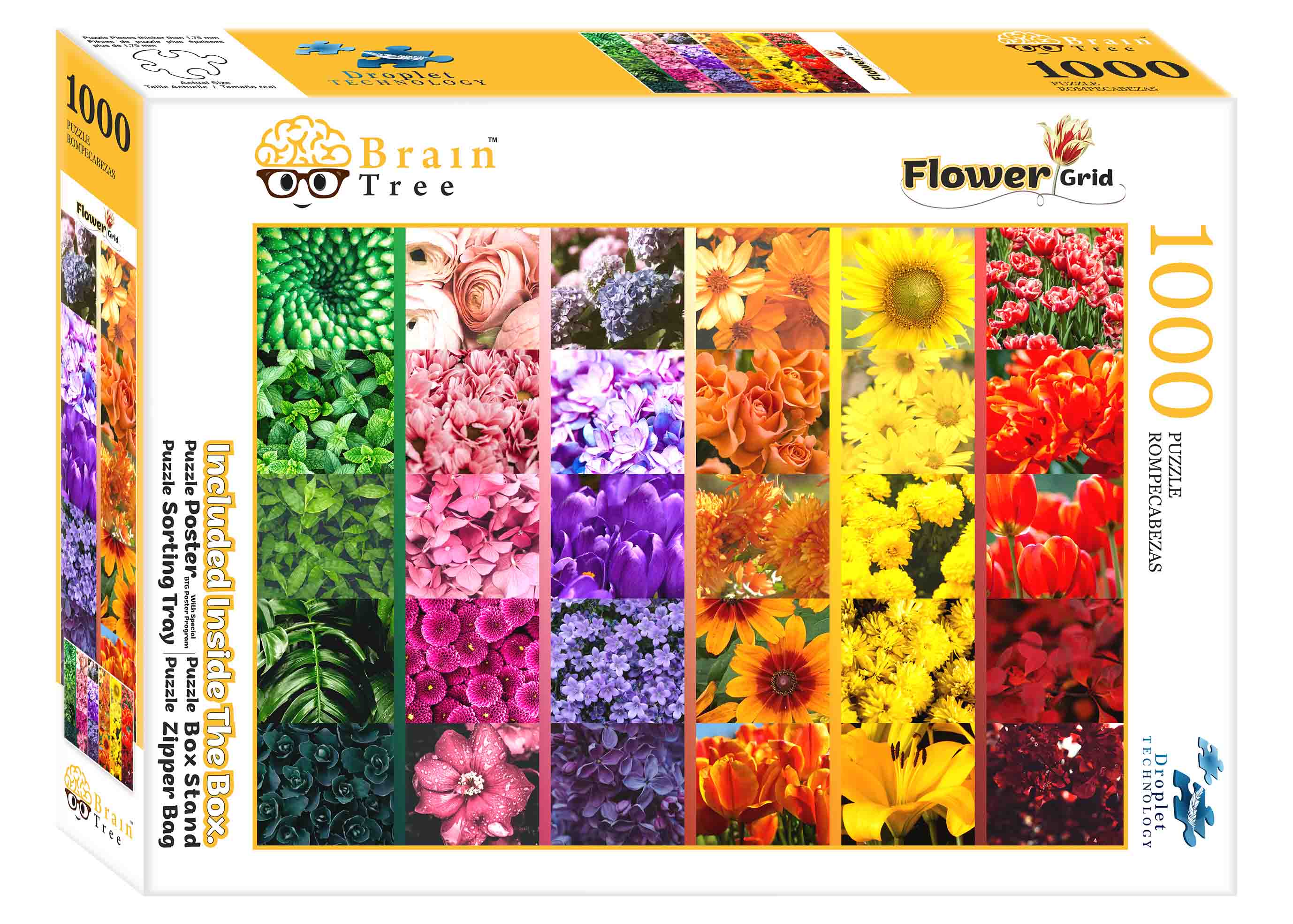 A vibrant 1000-piece Flower Grid Jigsaw Puzzle showcasing various flowers and plants, beautifully arranged for an engaging puzzling experience.