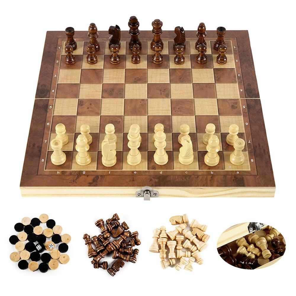 Foldable Wooden Chess Set with pieces displayed on a board, showcasing its portable and elegant design.