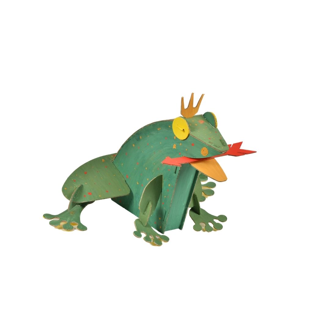 A colorful assembled cardboard frog model kit, showcasing its intricate parts and vibrant paint, perfect for children to build and decorate.