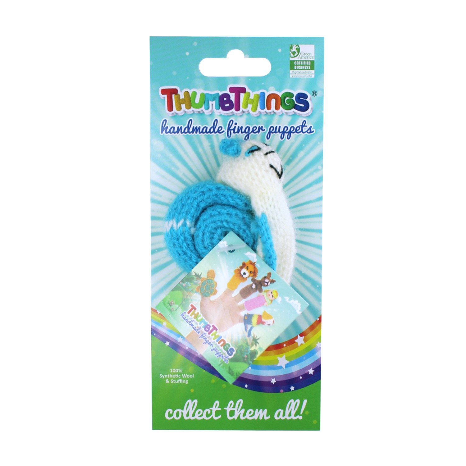 Handcrafted blue Garden Snail Finger Puppet made from eco-friendly materials, showcasing unique artisan design.