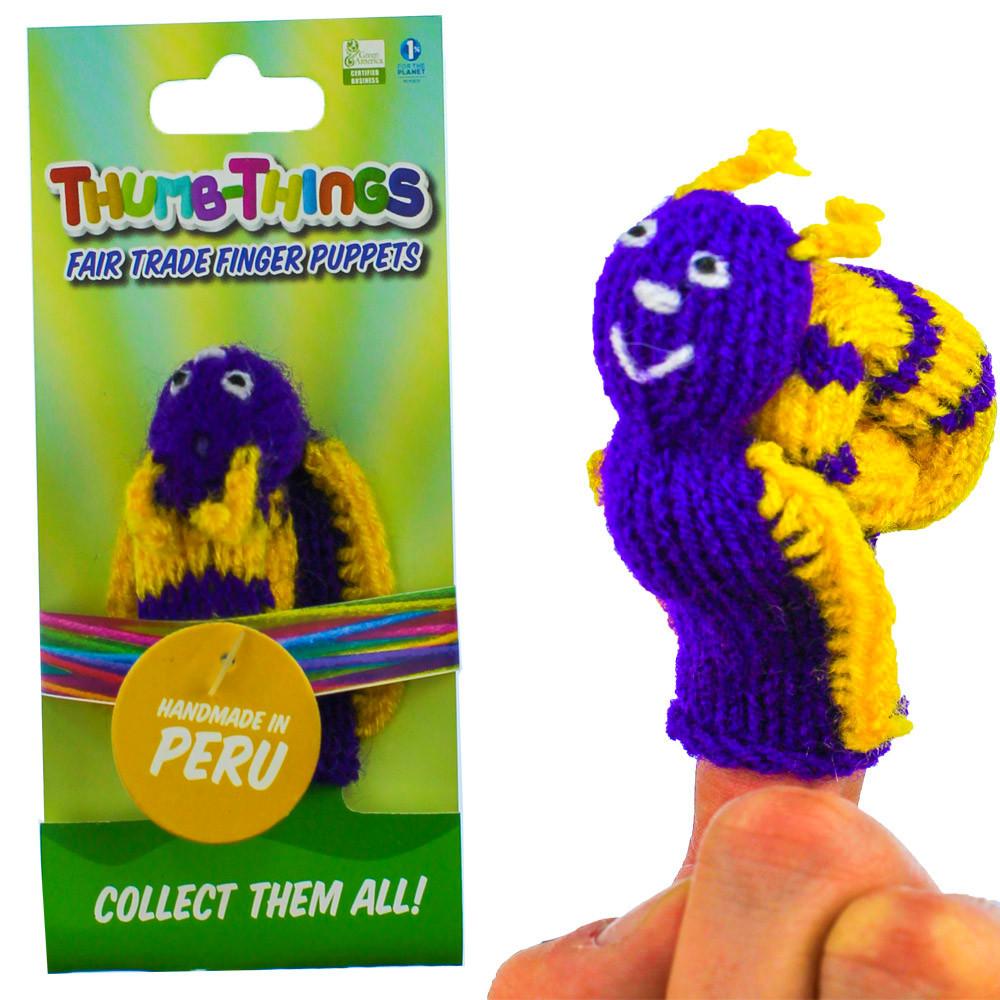 Handmade purple Garden Snail Finger Puppet crafted by Peruvian artisans, showcasing vibrant colors and unique design.