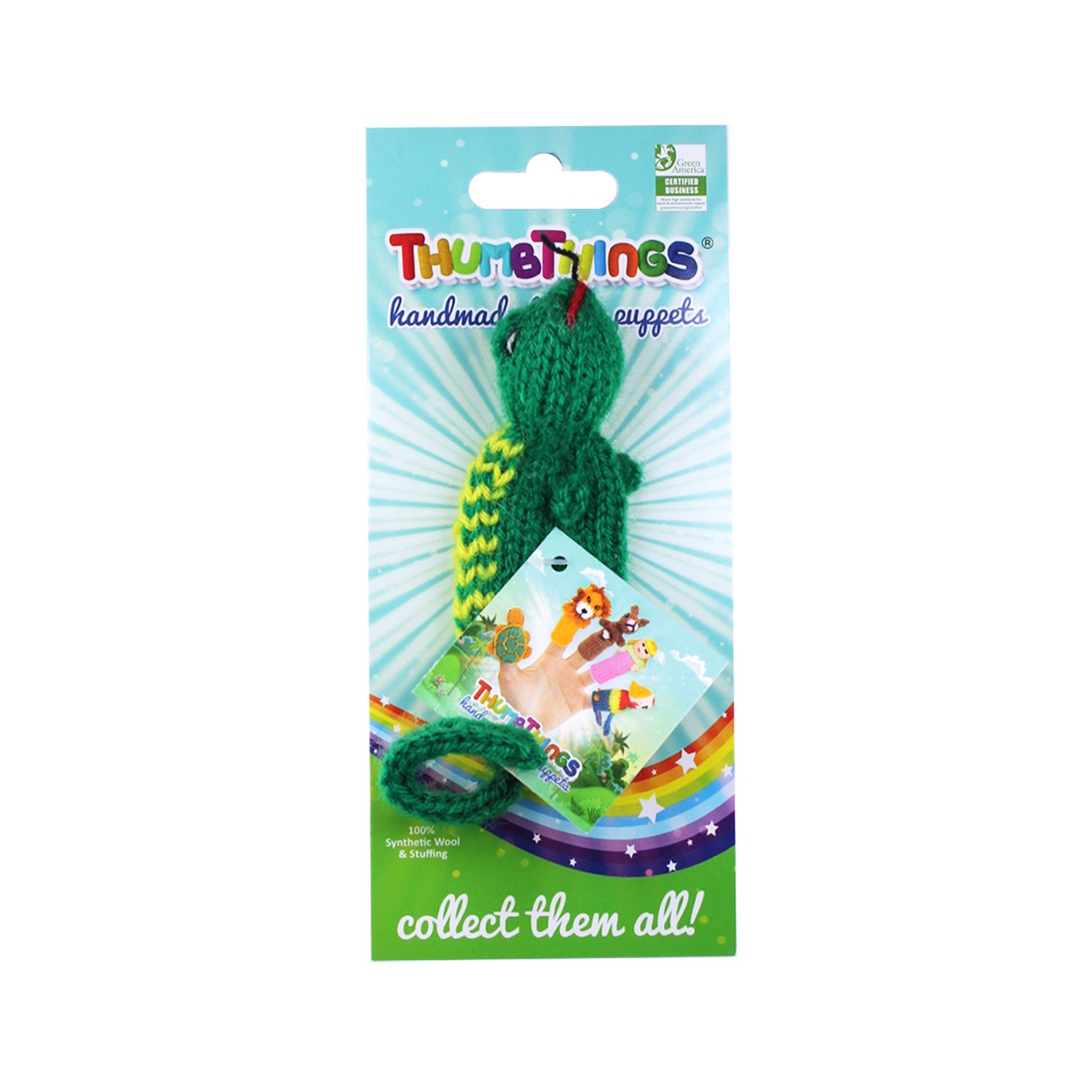 Colorful Gecko Finger Puppet handcrafted by artisans, showcasing unique design and eco-friendly materials.