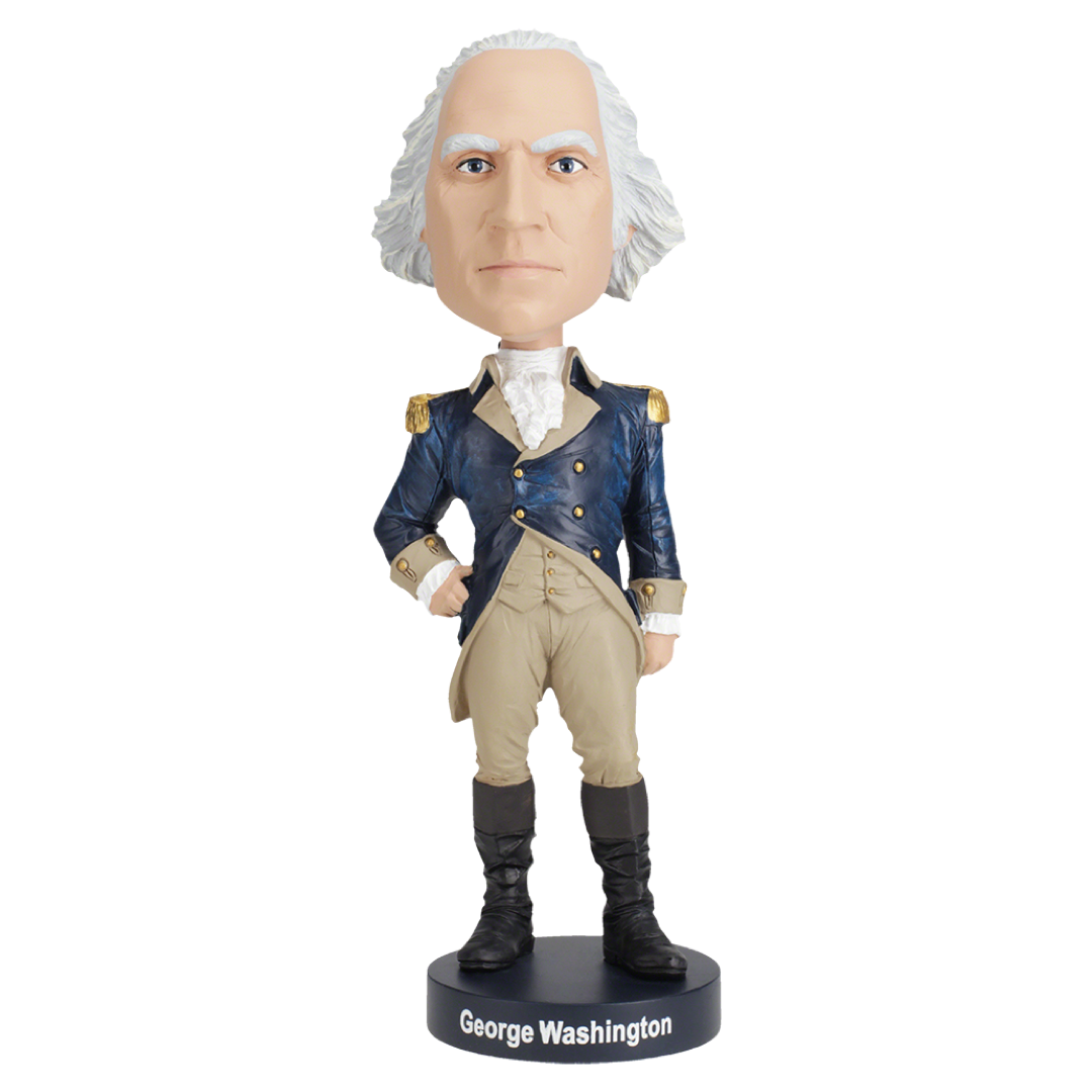 Detailed George Washington Bobblehead in colorful packaging, showcasing historical significance.