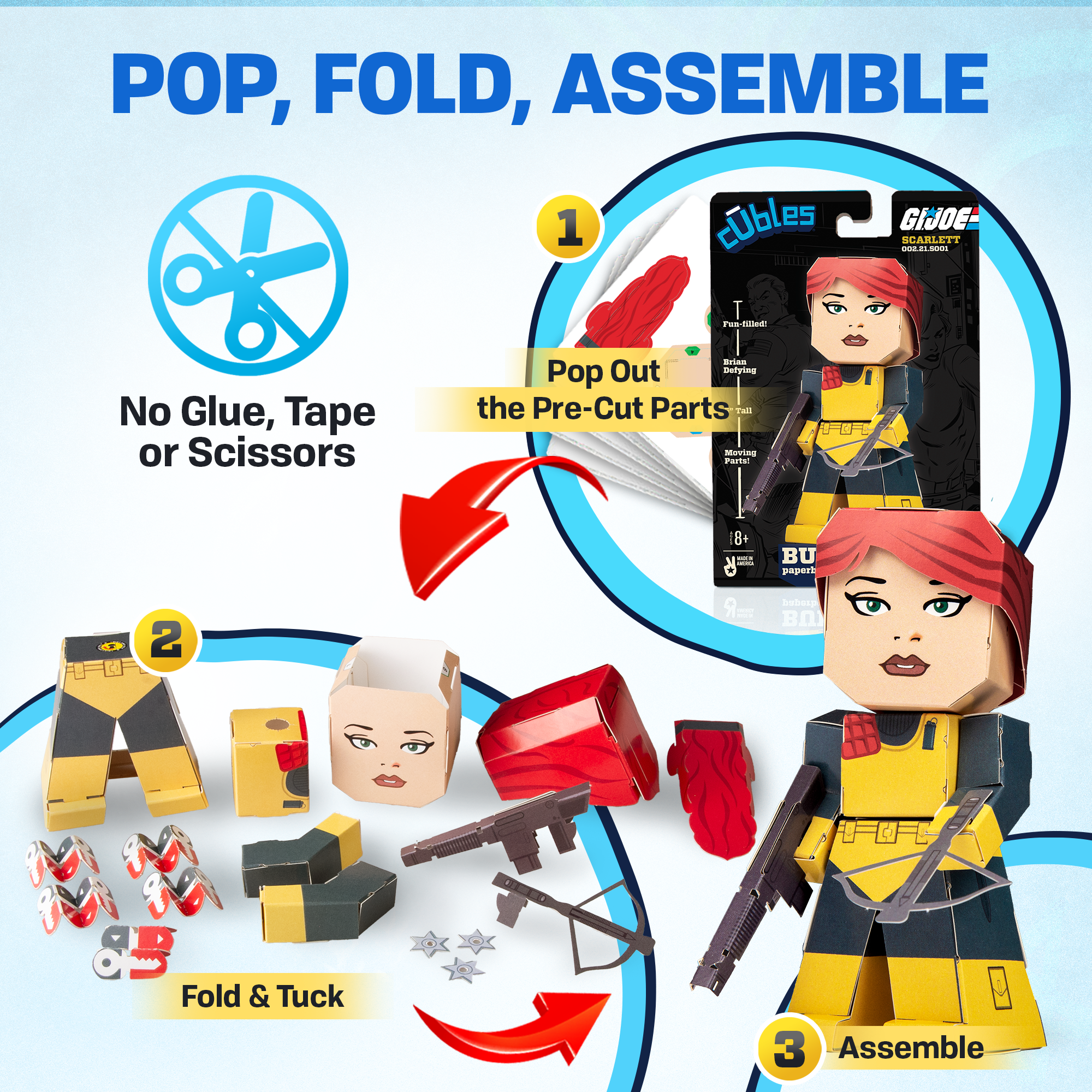 G.I. Joe CUBLES - Scarlett paper craft kit featuring poseable character pieces for creative assembly.